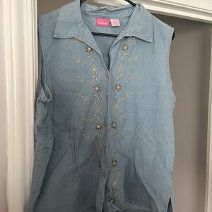 Casual Corner Light Blue Embroidered Sleeveless Shirt